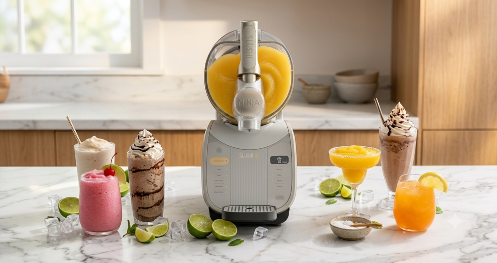 Best Home Slushie Machine for Frozen Cocktails in 2026: 5 Options, Researched and Ranked Ninja SLUSHi XL frozen drink machine surrounded by colorful frozen cocktails including margaritas, frappes, and slushies on a white marble kitchen countertop
